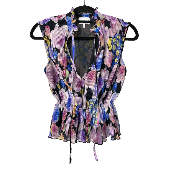 GANNI Pleated Floral Georgette Blouse Women's 34 US 2 Sleeveless V-Neck Boho - Picture 2 of 9